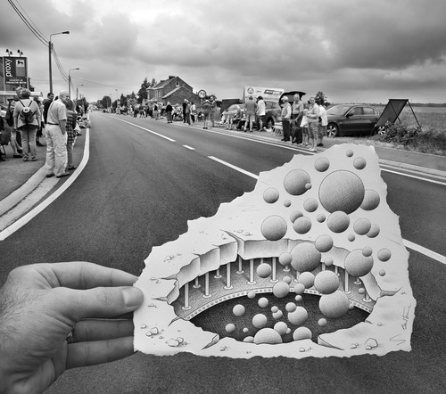 Cartoon: Pencil Vs Camera - 45 (medium) by BenHeine tagged pencil,vs,camera,drawing,photography,benheine,art,theartistery,blackandwhite,paper,hand,illusion,road,street,belgium,braives,bubbles,balls,boules,surrealism,hole,trou,makadam,people,crowd,layer,couche