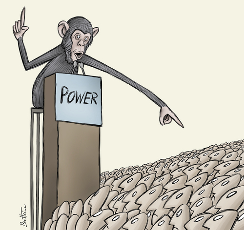 Cartoon: Powerful People (medium) by BenHeine tagged power,pouvoir,political,art,tribune,primates,monkey,crowd,foule,people,ape,joke,provocation,ben,heine,animals,humans,hierarchy,government,politics,leaders,chef,king,prime,minister,president,irony,illusion,shame,failure,ech