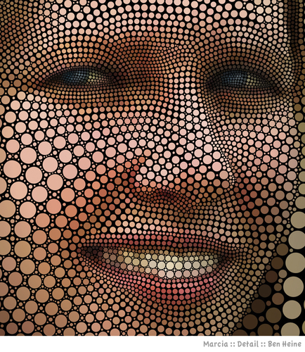 Cartoon: She is My Mona Lisa - Detail (medium) by BenHeine tagged my,mona,lisa,digital,circlism,cerclisme,ben,heine,portrait,pop,art,marcia,close,up,love,blond,beauty,smile,sourire,hair,face,pointillism,texture,teethe,eyes,creation,process,detail