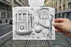 Cartoon: Pencil Vs Camera - 35 (small) by BenHeine tagged pencil,vs,camera,35,ben,heine,benheine,imagination,reality,brussels,belgium,tramway,transport,surrealism,art,series,paper,hand,creative,photography,drawing,dessin,tram,stib,mivb,old,street,vanishing,point,infinity,disorder,chaos,inception,tracks,rails,bal