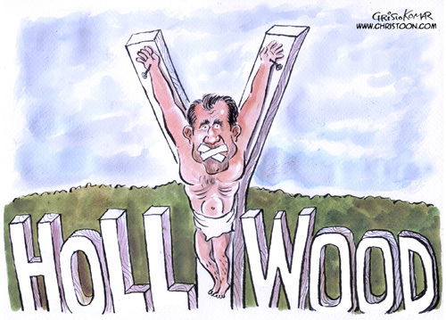 Cartoon: Mel Gibson Crucified (medium) by Christo Komarnitski tagged mel,gibson,hollywood,entertainment