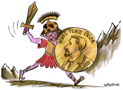 Cartoon: Obama goes to Afghanistan (medium) by Christo Komarnitski tagged nobel,peace,prize,obama,afghanistan,war