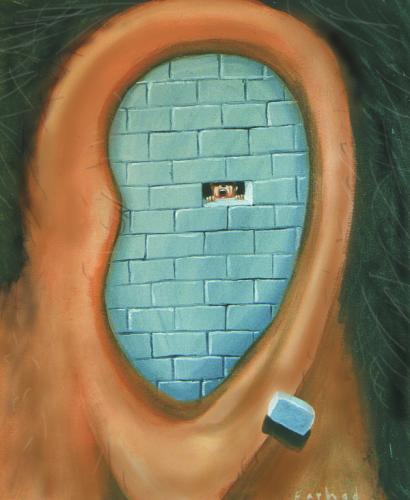 Cartoon: Scream (medium) by Farhad Foroutanian tagged wall,mauer,backsteine,ohr,sinn,organ,schreien,hilfe,rufen,mensch,illustration,menschheit,gesellschaft