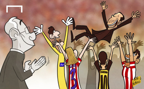 Cartoon: Atletico title win (medium) by omomani tagged arda,turan,diego,costa,simeone,filipe,luis,la,liga,aragones,thibaut,courtois