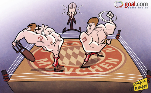 Cartoon: Badstuber VS Muller (medium) by omomani tagged bayern,munich,bundesliga,germany,holger,badstuber,jupp,heynckes,thomas,muller