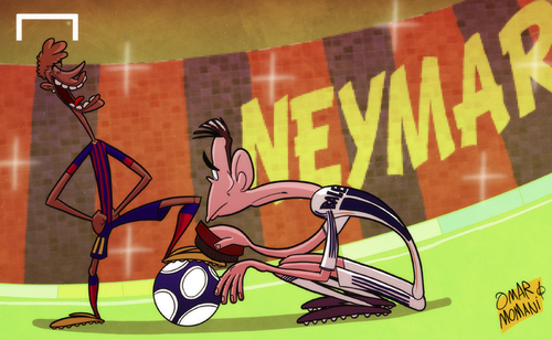 Cartoon: Bale at Neymar mercy after Clash (medium) by omomani tagged barcelona,camp,nou,clasico,gareth,bale,neymar,real,madrid