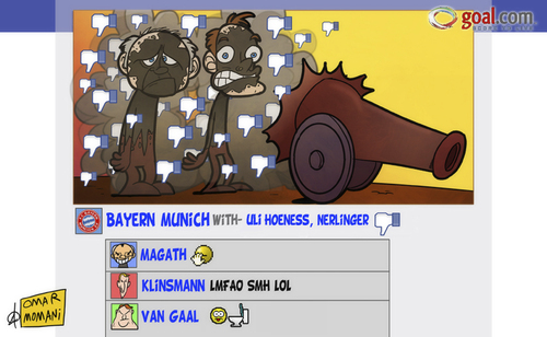 Cartoon: Bayern Munich transfer bomb (medium) by omomani tagged bayern,munich,bundesliga,facebook,germany,hoeneß,klinsmann,magath,nerlinger,usa,van,gaal,wolfsburg