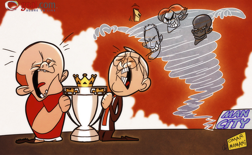 Cartoon: Calm before Sunday Premier Leagu (medium) by omomani tagged ferguson,hart,manchester,city,united,mancini,premier,league,rooney,vincent,kompany