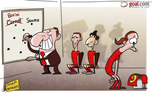 Cartoon: Carroll forced out by Borini (medium) by omomani tagged andy,carroll,brendan,rodgers,fabio,borini,liverpool,suarez