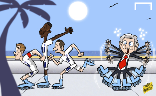 Cartoon: England touchdown in Miami (medium) by omomani tagged england,wellbeck,danny,lampard,roy,hodgson,steven,gerrard