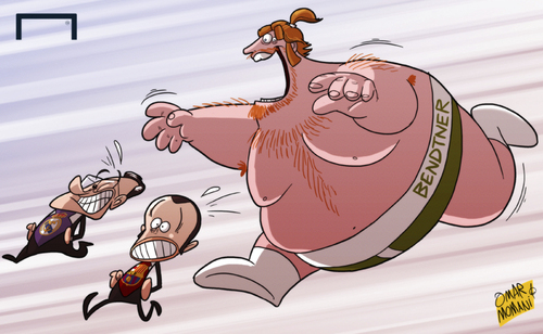Cartoon: Fat Bendtner (medium) by omomani tagged arsenal,barcelona,nicklas,bendtner,perez,real,madrid,rosell