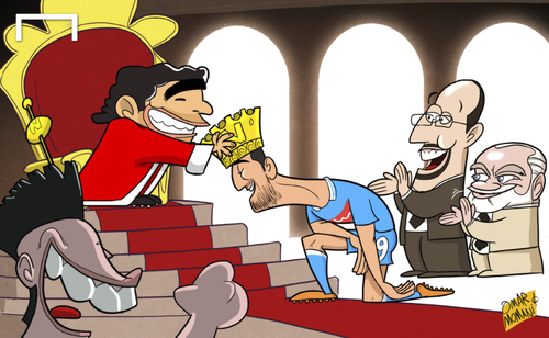 Cartoon: Higuain eyes Maradona crown (medium) by omomani tagged aurelio,de,laurentiis,diego,maradona,hamsik,higuain,napoli,rafael,benitez