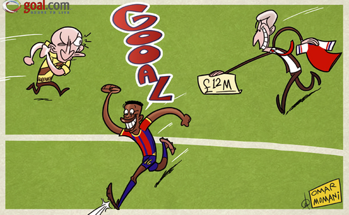 Cartoon: Holloway to block Wenger (medium) by omomani tagged arsenal,crystal,palace,ian,holloway,wenger,wilfried,zaha