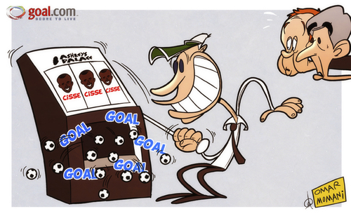 Cartoon: Its goals galore! (medium) by omomani tagged alan,pardew,arsenal,england,newcastle,united,papiss,cisse,premier,league,redknapp,tottenham,wenger