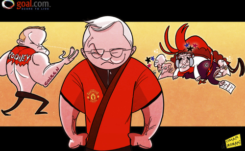 Cartoon: Kung fu Fergie (medium) by omomani tagged david,beckham,ferguson,kevin,keegan,liverpool,manchester,united,rafael,benitez,rooney,wenger