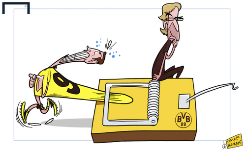 Cartoon: Lewandowski trapped (medium) by omomani tagged dortmund,jurgen,klopp,mousetrap,robert,lewandowski