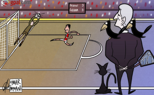 Cartoon: Luckless Wenger (medium) by omomani tagged fulham,arsenal,mikel,arteta,wenger,premier,league,cat,magpie,mirror
