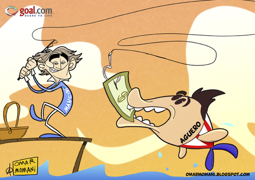 Cartoon: Mancini fishing Aguero (medium) by omomani tagged atletico,city,manchester,aguero,mancini,roberto,madrid,italy,argentina,england,spain,la,liga,premier,league