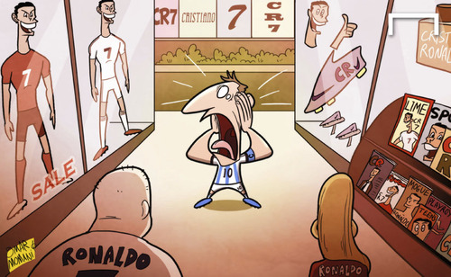 Cartoon: Messi left in Ronaldo shadow (medium) by omomani tagged argentina,barcelona,cristiano,ronaldo,messi,portugal,real,madrid