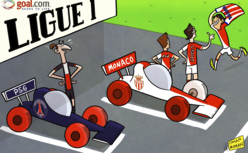 Cartoon: Monaco race ahead of PSG (medium) by omomani tagged falcao,joao,moutinho,james,rodriguez,ibrahimovic,paris,saint,germain,monaco,ligue,formula