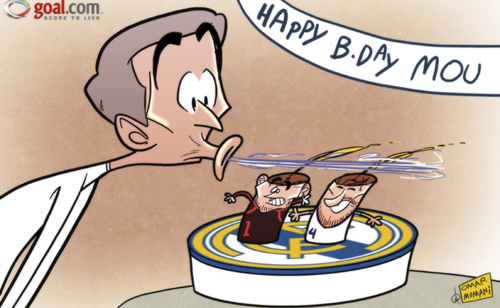 Cartoon: Mourinho Birthday (medium) by omomani tagged casillas,mourinho,ramos,real,madrid
