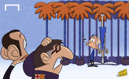Cartoon: Mourinho palms Barca off Luiz (medium) by omomani tagged barcelona,chelsea,david,luiz,gerardo,martino,mourinho,rosell