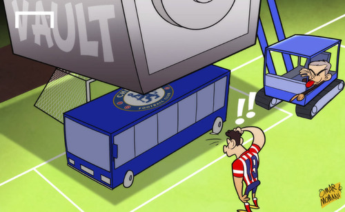 Cartoon: Mourinho parks his bus in Madrid (medium) by omomani tagged atletico,madrid,champions,league,chelsea,diego,costa,mourinho