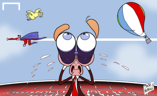 Cartoon: Moyes on plane protest lookout (medium) by omomani tagged manchester,united,moyes,old,trafford