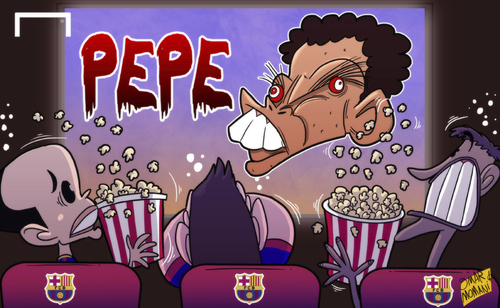 Cartoon: Neymar and Co watch Pepe horror (medium) by omomani tagged barcelona,clasico,iniesta,la,liga,messi,neymar,pepe,real,madrid
