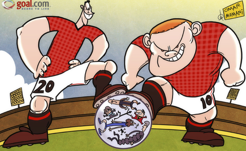 Cartoon: Rooney and Van Persie (medium) by omomani tagged arsenal,brendan,rodgers,chelsea,david,luiz,liverpool,manchester,city,united,mancini,premier,league,reina,rooney,van,persie,wenger