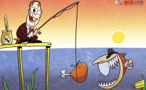 Cartoon: Suarez tempted by Real Madrid (medium) by omomani tagged suarez,perez,real,madrid,piranha,fishing,liverpool