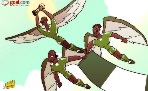 Cartoon: Super Eagles soar (medium) by omomani tagged 2013,africa,cup,of,nations,jon,obi,mikel,nigeria,sunday,mba,victor,moses