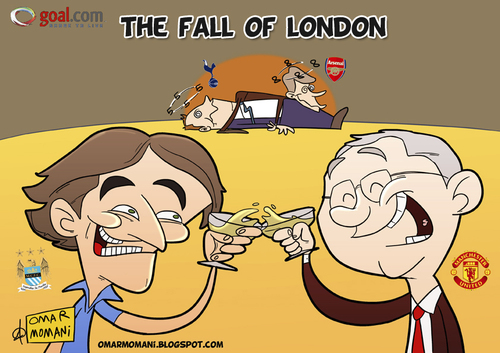 Cartoon: The Fall of London (medium) by omomani tagged mancini,ferguson,wenger,redknapp,manchester,city,united,tottenham,arsenal,italy,scotland,france,england,premier,league
