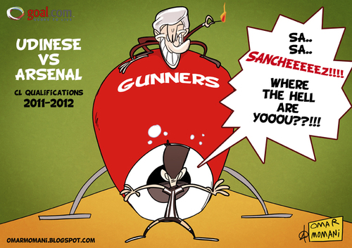 Cartoon: Udinese Vs Arsenal (medium) by omomani tagged wenger,arsenal,cannon,udinese,serie,italy,premier,league,england,france,sanchez,chile,soccer,football,barcelona,spain,champions