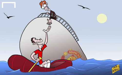 Cartoon: Van Persie rescues sinking Moyes (medium) by omomani tagged champions,league,manchester,united,moyes,van,persie