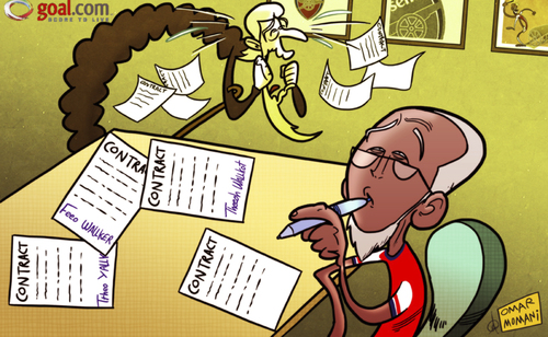 Cartoon: Walcott contract hold-up (medium) by omomani tagged arsenal,theo,walcott,wenger