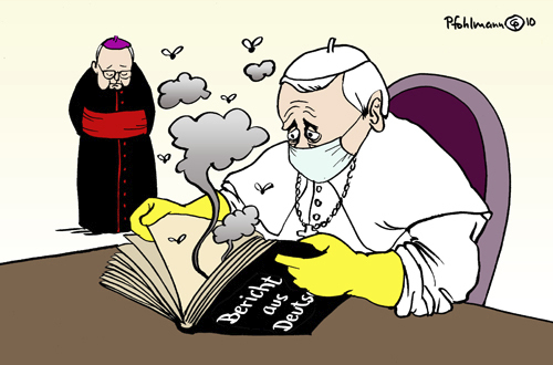 Cartoon: Bericht aus Deutschland (medium) by Pfohlmann tagged missbrauch,sexueller,kirche,katholisch,papst,benedikt,bischof,erzbischof,zollitsch,bischofskonferenz,bericht