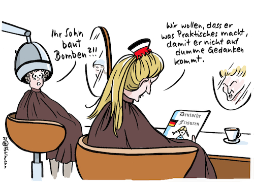 Cartoon: Bombensohn (medium) by Pfohlmann tagged terrorismus,kinder,familie,sohn,jugendliche,rechtsextremismus,bombenbau,attentat,anschläge,pläne,erziehung,friseur,frisör,mutter,eltern,ausländerfeindlich,radikalisierung,terrorismus,kinder,familie,sohn,jugendliche,rechtsextremismus,bombenbau,attentat,anschläge,pläne,erziehung,friseur,frisör,mutter,eltern,ausländerfeindlich,radikalisierung