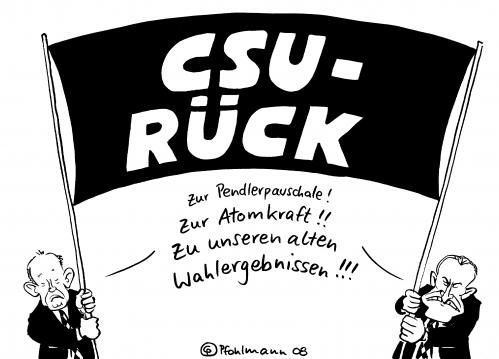 Cartoon: CSUrück! (medium) by Pfohlmann tagged csu,pendlerpauschale,beckstein,huber,atomkraft,wahlergebnis,csu,pendlerpauschale,beckstein,huber,atomkraft,wahlergebnis,nuklear,co2,umwelt,natur,umweltfreundlich,cdu,angela merkel,banner,versprechen,glaubwürdigkeit,g8,eu,alternativenergie,öl,gas,kohle,rückgesinnung
