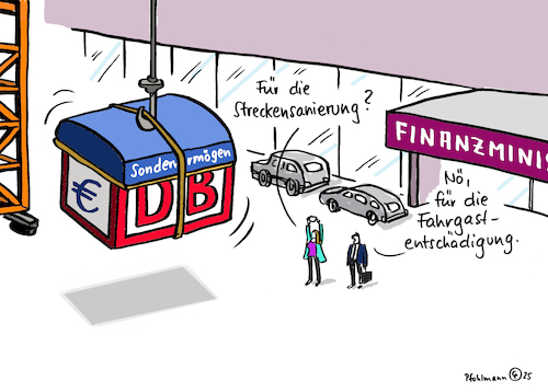 Cartoon: DB-Sondervermögen (medium) by Pfohlmann tagged db,bahn,bundeshaushalt,sondervermögen,infrastruktur,verspätungen,fahrgast,entschädigungen,fahrgäste,reklamation,verkehr,verkehrspolitik,zug,züge,db,bahn,bundeshaushalt,sondervermögen,infrastruktur,verspätungen,fahrgast,entschädigungen,fahrgäste,reklamation,verkehr,verkehrspolitik,zug,züge