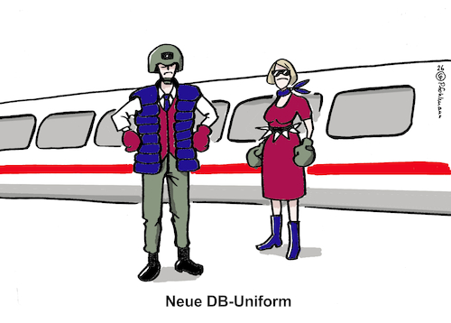 Cartoon: DB neue Uniform (medium) by Pfohlmann tagged db,bahn,gewalt,uniform,dienstkleidung,zugbegleiter,sicherheit,selbstverteidigung,zugpersonal,fahrscheinkontrolle,fahrkartenkontrolle,db,bahn,gewalt,uniform,dienstkleidung,zugbegleiter,sicherheit,selbstverteidigung,zugpersonal,fahrscheinkontrolle,fahrkartenkontrolle