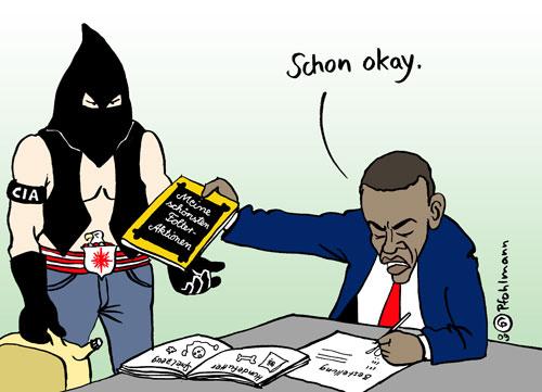 Cartoon: Folter OK (medium) by Pfohlmann tagged usa,obama,präsident,us,folter,waterboarding,verhör,cia,geheimdienst