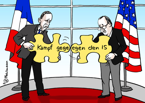 Cartoon: Gegen IS (medium) by Pfohlmann tagged karikatur,cartoon,2015,color,farbe,hollande,frankreich,is,islamischer,staat,attentat,anschläge,paris,obama,usa,besuch,präsident,us,strategie,puzzle,puzzleteile,unterschiede,differenzen,luftschläge,bodentruppen,terror,antiterrorkampf,bekämpfung,allianz,koalition,karikatur,cartoon,2015,color,farbe,hollande,frankreich,is,islamischer,staat,attentat,anschläge,paris,obama,usa,besuch,präsident,us,strategie,puzzle,puzzleteile,unterschiede,differenzen,luftschläge,bodentruppen,terror,antiterrorkampf,bekämpfung,allianz,koalition