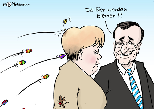 Cartoon: Kleine Eier (medium) by Pfohlmann tagged karikatur,cartoon,color,farbe,2014,deutschland,griechenland,merkel,besuch,samaras,eier,proteste,ostern,ostereier,schokoeier,schokoladeneier,werfen,sparpolitik,eu,sparpaket,euro,krise,bundeskanzlerin,karikatur,cartoon,color,farbe,2014,deutschland,griechenland,merkel,besuch,samaras,eier,proteste,ostern,ostereier,schokoeier,schokoladeneier,werfen,sparpolitik,eu,sparpaket,euro,krise,bundeskanzlerin