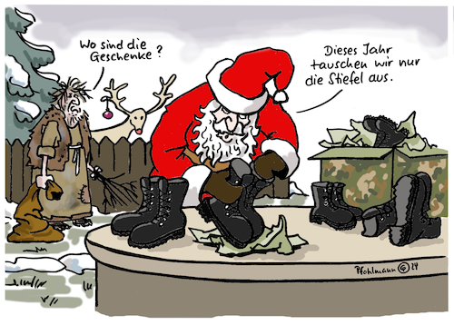 Cartoon: Nikolaus nur Stiefel (medium) by Pfohlmann tagged nikolaus,geschenk,stiefel,krieg,russland,ukraine,gaza,israel,nahost,knecht,ruprecht,knechtruprecht,krampus,weihnachtsmann,nahostkonflikt,gewalt,militär,militarismus,zeitenwende,kampfstiefel,uniform,kriegstüchtig,nikolaus,geschenk,stiefel,krieg,russland,ukraine,gaza,israel,nahost,knecht,ruprecht,knechtruprecht,krampus,weihnachtsmann,nahostkonflikt,gewalt,militär,militarismus,zeitenwende,kampfstiefel,uniform,kriegstüchtig