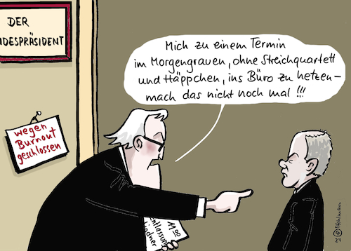 Cartoon: Steinmeiers Burnout (medium) by Pfohlmann tagged ampelregierung,ampelkoalition,regierung,scholz,lindner,entlassung,koalitionsbruch,steinmeier,bundespräsident,burnout,überarbeitung,demokratie,verfassung,bundeskanzler,spd,ampelregierung,ampelkoalition,regierung,scholz,lindner,entlassung,koalitionsbruch,steinmeier,bundespräsident,burnout,überarbeitung,demokratie,verfassung,bundeskanzler,spd