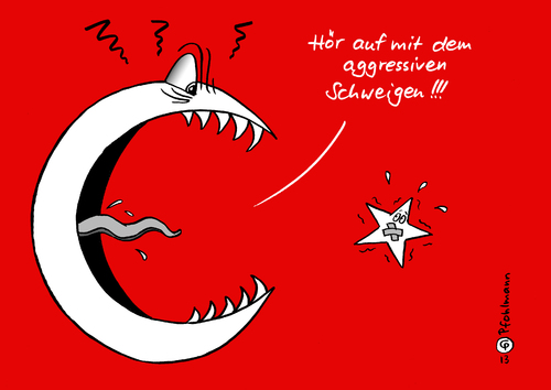 Cartoon: Türkisches Schweigen (medium) by Pfohlmann tagged karikatur,cartoon,color,farbe,2013,türkei,gezipark,gezi,park,schweigen,aggrssivität,aggresiv,fahne,flagge,halbmond,stern,protestler,räumung,proteste,camp,wasserwerfer,opposition,demonstration,istanbul,polizei,brutal,brutalität,karikatur,cartoon,color,farbe,2013,türkei,gezipark,gezi,park,schweigen,aggrssivität,aggresiv,fahne,flagge,halbmond,stern,protestler,räumung,proteste,camp,wasserwerfer,opposition,demonstration,istanbul,polizei,brutal,brutalität
