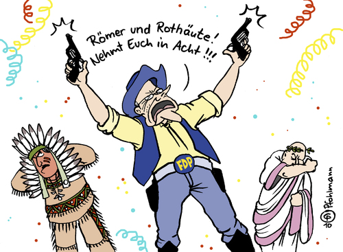 Cartoon: Wild Westerwelle (medium) by Pfohlmann tagged westerwelle,fdp,hartz,iv,cowboy,fasching,karneval,indianer,römer,dekadenz,guido westerwelle,fdp,hartz,cowboy,fasching,karneval,indianer,römer,dekadenz,geld,arbeit,job,guido,westerwelle