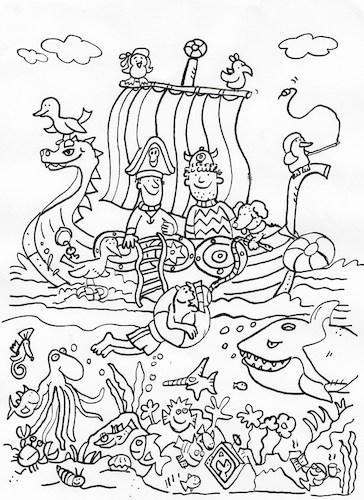 Cartoon: ausmalbild Piraten (medium) by sabine voigt tagged ausmalbild,piraten,piratenschiff,meer,fische,rettungsring,wasser,kindergarten,grundschule