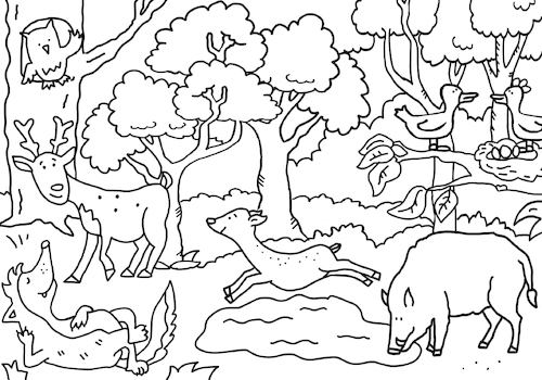 Cartoon: ausmalbild Wald (medium) by sabine voigt tagged ausmalbild,wimmelbild,tiere,bären,kinder,ökologie,bio,biodiversität,artenvielfalt,artensterben,umwelt,wald,nahrungskette,biologie,arten,umweltschutz